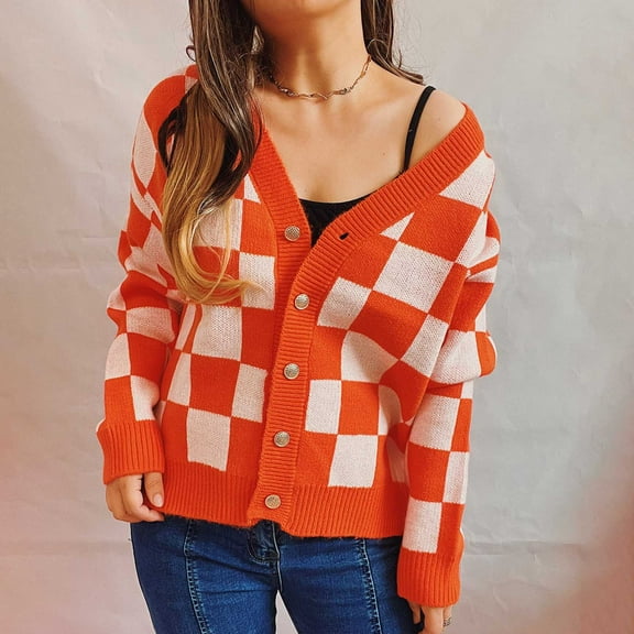 PNTUTB Women's Fashion Checkered Knit Cardigan Sweater Casual Long Sleeve Button Pockets Fall Loose Outwear