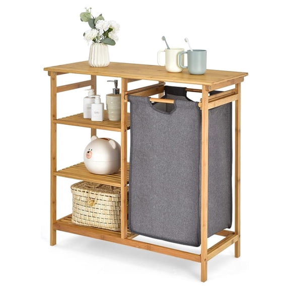 HYYOP Bamboo Laundry Hamper Stand, Freestanding Laundry Organizer w/Removable Sliding Bag & 3-Tier Open Shelves, Multipurpose Utility Storage Cabinet for Bathroom, Living Room, Bedroom, Natural
