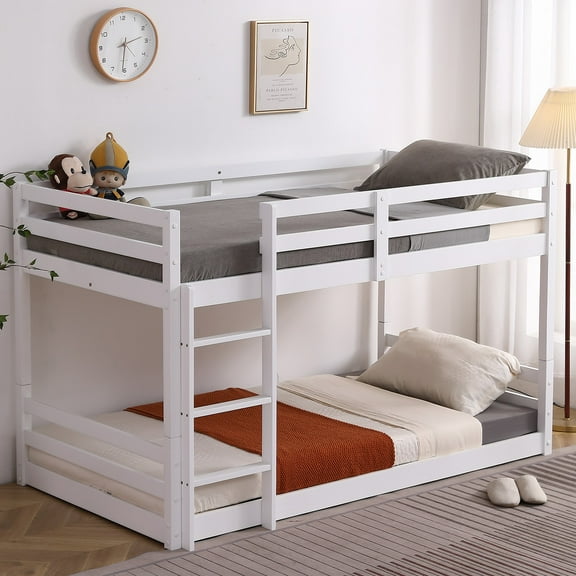 Ktaxon Solid Wood Low Twin Over Twin Bunk Bed for Kids/Toddlers/Junior, Bunk Bed Frame with Guardrails & Ladder for Boys Girls, No Box Spring Needed, White