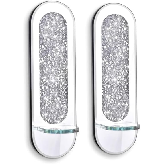 2 Pack Crystal Crush Diamond Wall Candle Sconces, Silver Wall Candle Holder, Glass Wall Decor for Living Room, Dining Room, Bedroom (Circular)