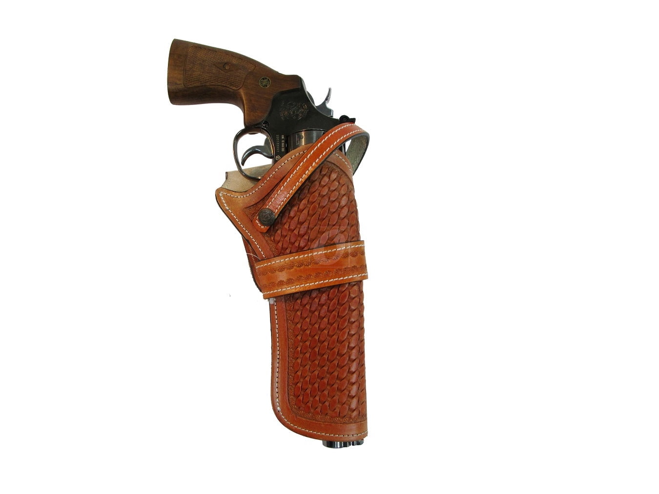 Leather Holster Basket Tooled Long Barrel Western Gun Cover Tan Color - Right Handed