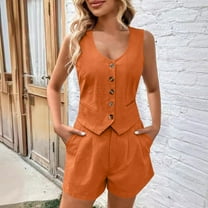 Htigea Women's Summer 2 Piece Outfits Sleeveless Matching Sets Button Down V Neck Vest Waistcoat and Pockets Shorts Sale Orange,XL