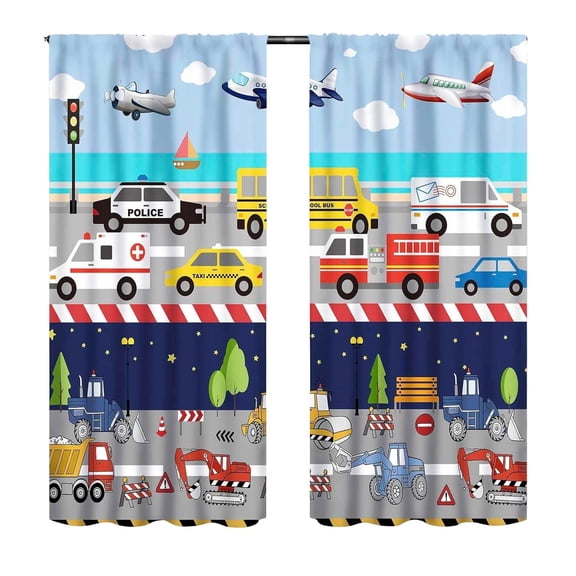 Kids Cars and Trucks Window Curtains, Cartoon Construction Vehicle Plane Print Rod Pocket 2 Panel Drapes for Boys Bedroom Nursery