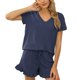 thumbnail image 2 of Conjunto de pijama de manga corta para mujer, conjunto informal de salón de 2 piezas con cuello en V y cordón elástico para primavera y verano, azul L, 2 of 5