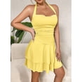 thumbnail image 6 of Women'S Halter Ruffle Hem Mini Dress Ruched Waist Corset Short Party Dresses Light Yellow XS, 6 of 9