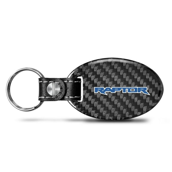 Ford Raptor in Blue Real Carbon Fiber Oval Shape Black Leather Strap Key Chain