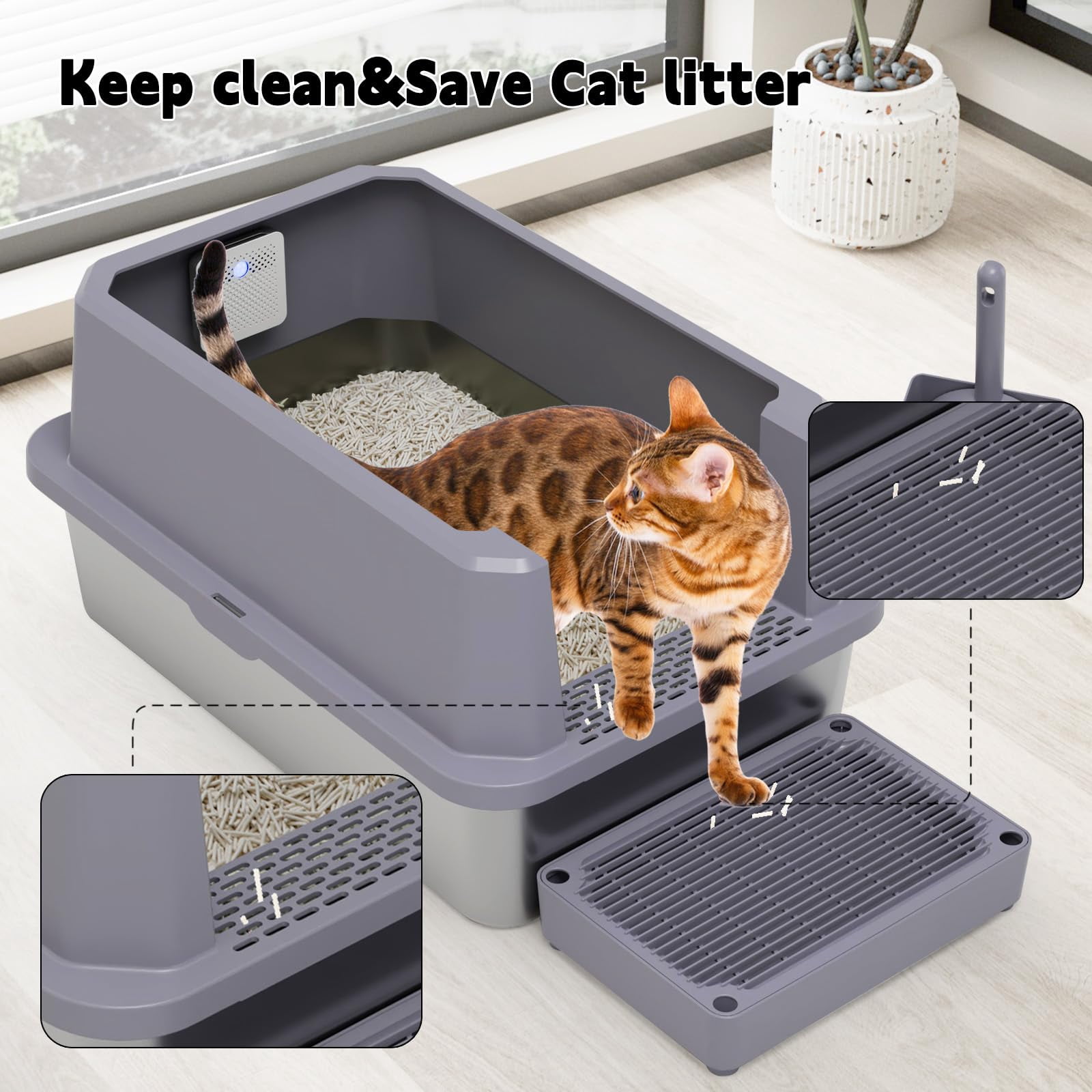 Stainless Steel Litter Box For Cats: Gray Leakproof Open Top Tray - Teflon Non-stick Coating Large Size Odor Control Cats Under 20 Lbs With Deodorizer 2 Pack