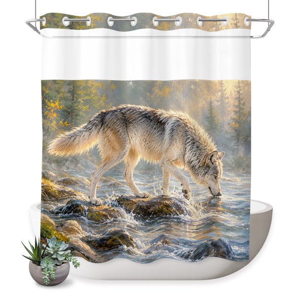 No Hook Shower Curtain, Wild Wolf Shower Curtains for Bathroom with See Through Top Window, Animals Forest Creek Stone Natural Scenery Waterproof & Washable Bath Curtain Long 72"x78"