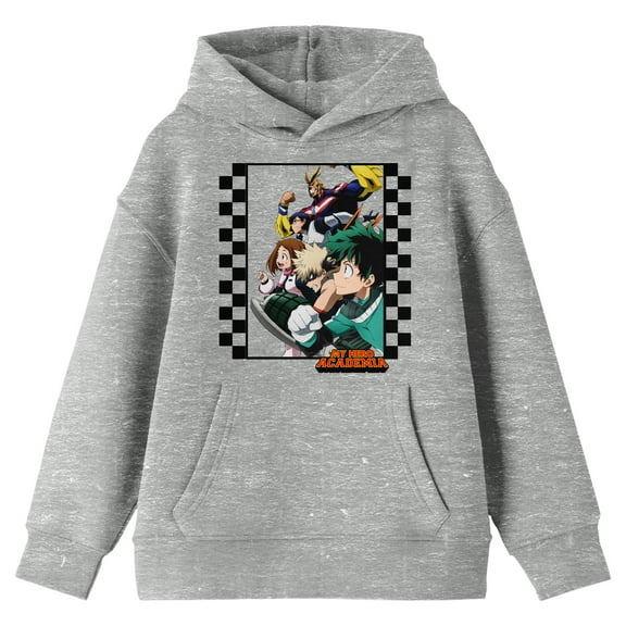 My Hero Academia Group Art Checkered Frame Long Sleeve Athletic Heather Youth Hooded Sweatshirt-Medium