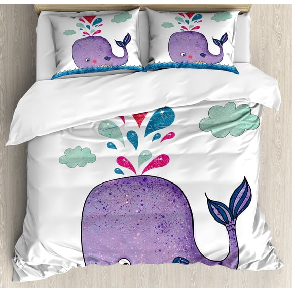 Whale Duvet Cover Set, Smiling Mammal Motif Hearts and Clouds on Sea Print Design, Decorative 3 Piece Bedding Set with 2 Pillow Shams, King Size, Purple Blue and Red, by Ambesonne