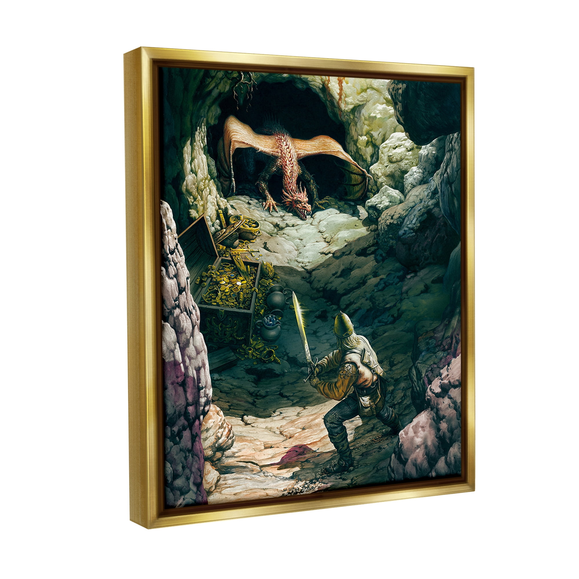 Stupell Industries Dragon & Knight Battle Fairy Tales & Fantasy Painting Gold Floater Framed Canvas Art Print Wall Art, 17 x 21