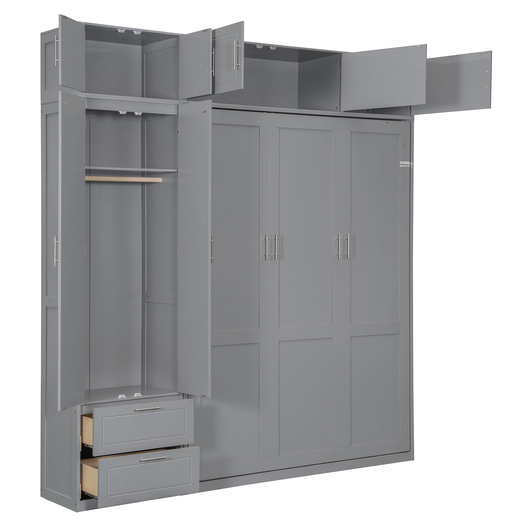 Mintazer Queen Size Murphy Wall Bed with Cabinets & Open Bookshelf, All-in-One Foldable Cabinet Bed with Side Wardrobe & 2 Storage Drawers for Small Apartment Guest Room Home Office, Gray