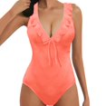 thumbnail image 3 of Cathalem Womens Swimwear Halter Bathing Suit Ruffle Plunging Neck Tummy Control Back Tie,Red S, 3 of 5
