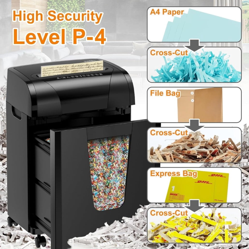 18-Sheet Cross Cut Paper Shredder, Office Shredder with 5.28 Gallon Pullout Bin, 45 Mins, Insert Auto Jam Proof System for Home Office Use, Black