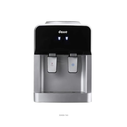 dispensador de agua termoeléctrico dace color gris, vista frontal centrada con panel superior negro y logotipo Dace, dos palancas para agua caliente (ícono rojo) y fría (ícono azul), bandeja recogegotas plateada y cuerpo gris mate de sobremesa.