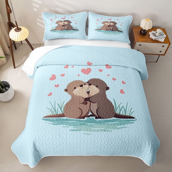 Manfei Cartoon Otter Couple Love Heart Twin Quilt Set for Boys and Girls, Animal Print Twin Coverlet Set, 2 Pieces