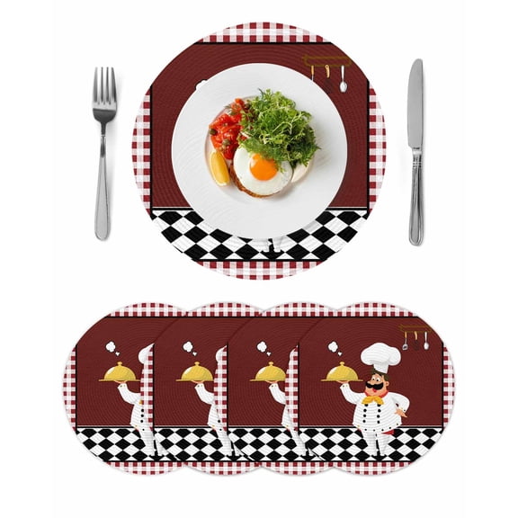 Fat Chef Round 15 Inch Placemats Set of 4, Red Gourmet Kitchen Red Black Buffalo Plaid HeatResistant Non Slip Place Mats for Dining Table, Wipeable Braided Kitchen Table Mats for Housewarming