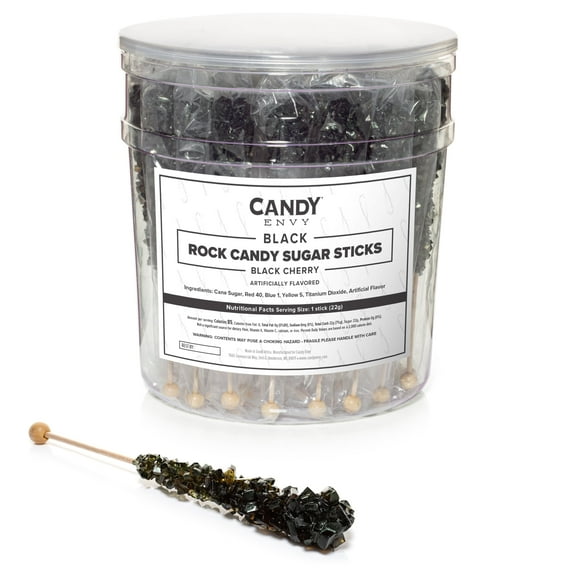 Candy Envy Black Rock Candy Sugar Stick, Black Cherry Flavored, 36 Count, Indiv. Wrapped