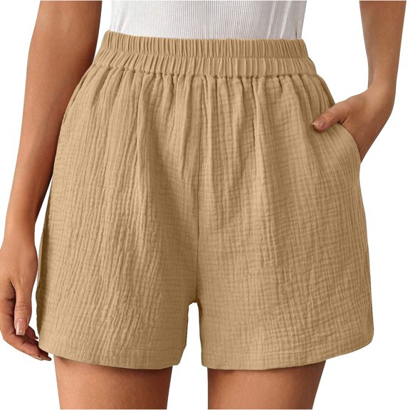 RQYYD Women's Elastic Waist Crinkled Gauze Shorts Casual Summer Lightweight Breathable Trousers with Pockets