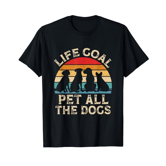 Retro Sunset Dog Silhouette T-Shirt for Animal Lovers - Life Goal to Pet All the Dogs