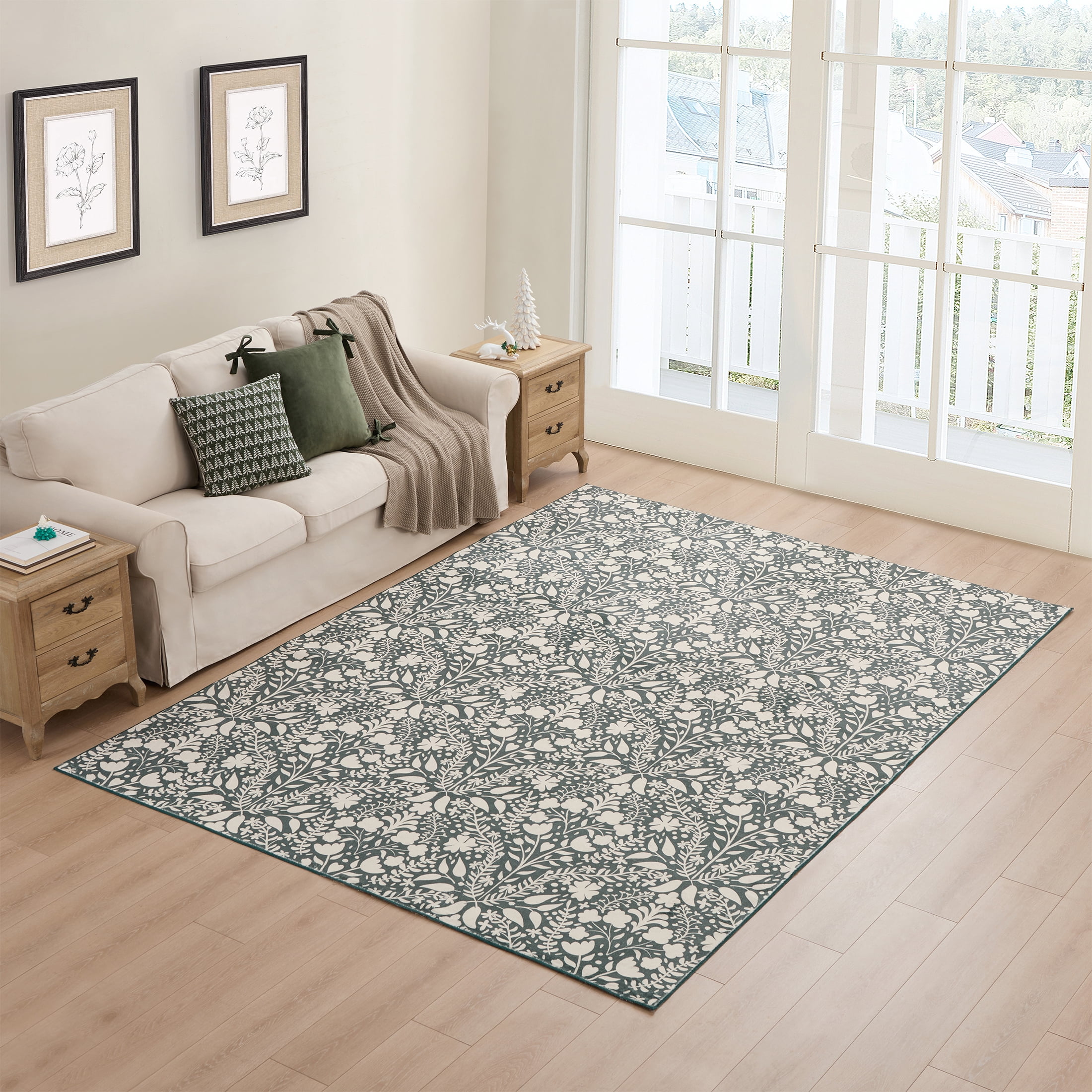 My Texas House Green Floral Faux Fur Washable Indoor Area Rug, 7'6" x 10'