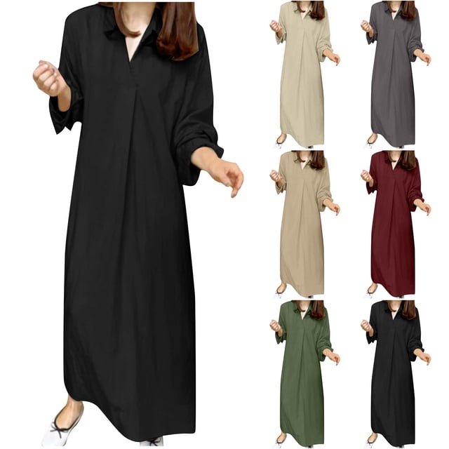 Gspmoly Robes Décontractées pour Femmes, Robe Décontractée pour Femmes de Printemps et d'Été à Col en V, Unie, en Coton et Lin, avec Poches, à Manches Longues, Robe de Cocktail, Offres Hebdomadaires
