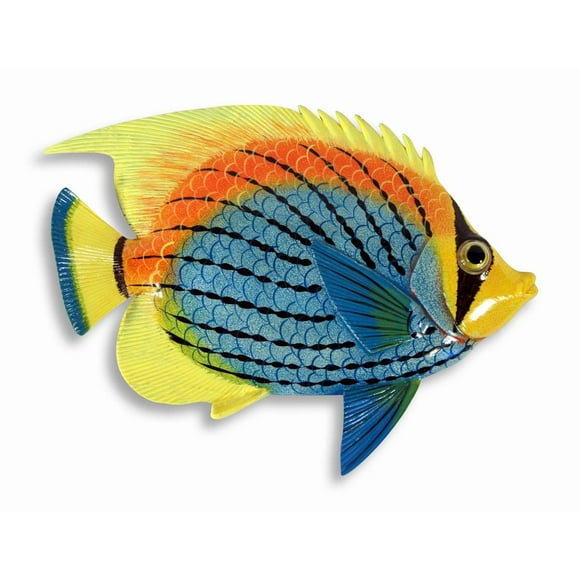 Plaque Décorative Murale Réplique Poisson Tropical 8 Pouces Bleu Jaune Peint à la Main