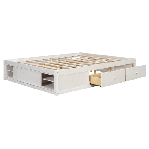 Queen Size Platform Bed Frame with 4 Storage Drawers and Footboard Storage Cubby, No Headboard Design Solid Wood Platform for Bedroom, White
