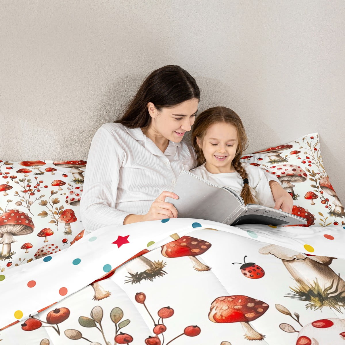 jejeloiu Red Mushroom House Bedding Comforter Set 7pcs,Rustic Farmhouse Cabin Queen Bedding Sets,Spring Garden Queen Sheet Sets,Microfiber Bedroom Decor Reversible