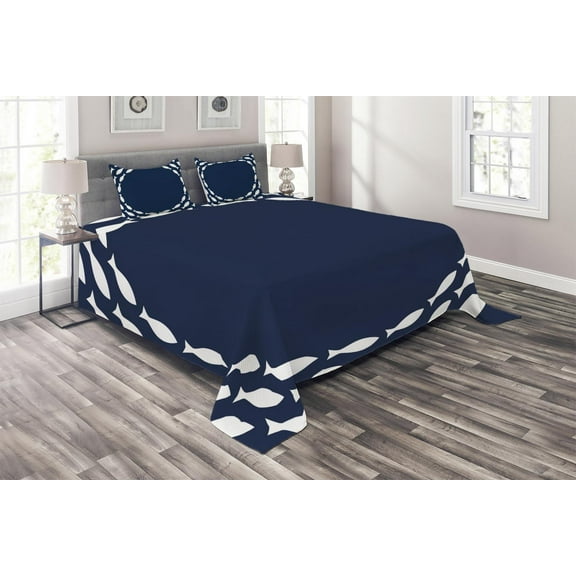Ambesonne Sealife Quilted Coverlet 3 Pcs, Ocean Navy Fish Circle, Queen Size, Navy Blue and White