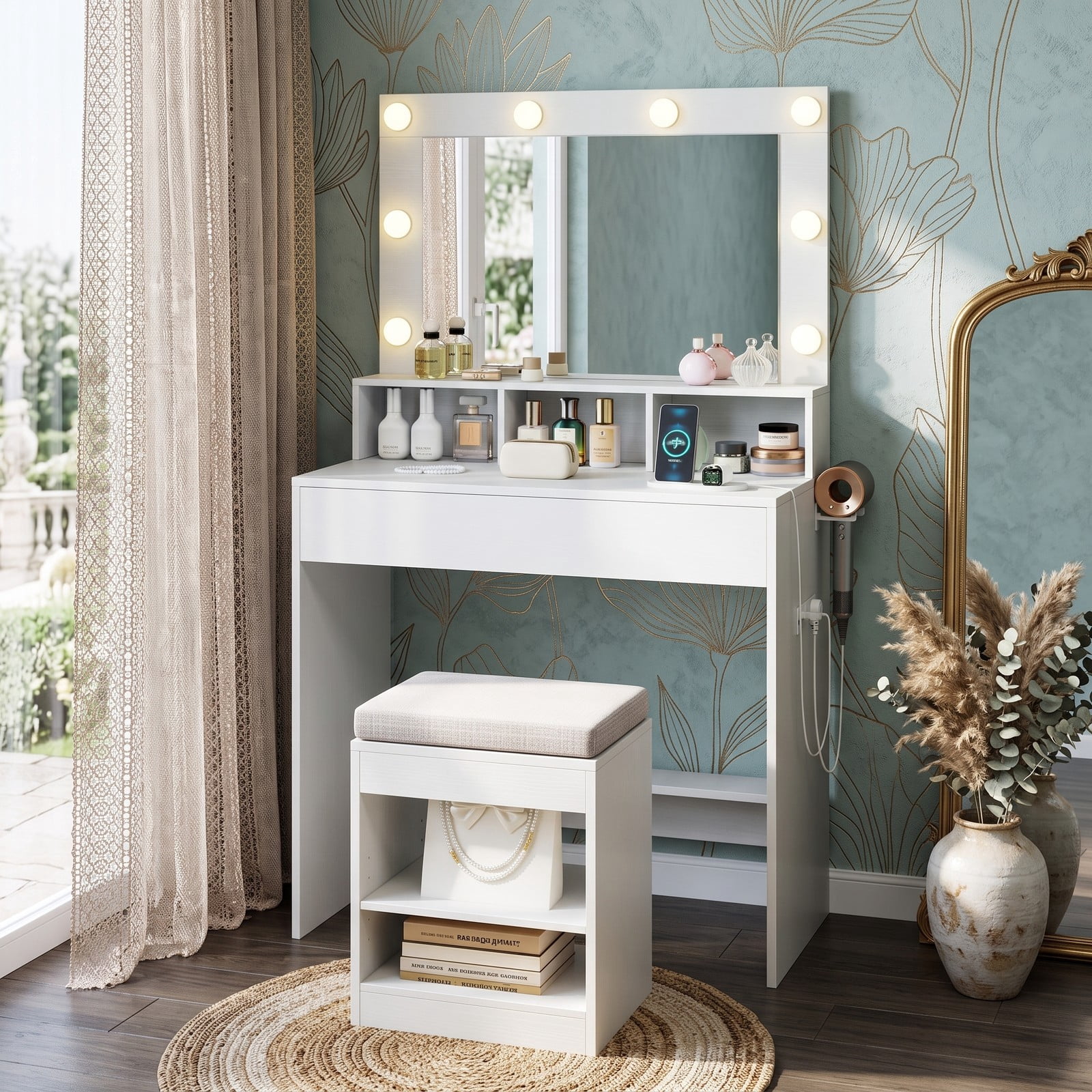 Furnibear Vanity Desk with Lighted Mirror and Charging Station, Makeup Vanity Table with 3 Lighting Modes and Cushioned Stool, White