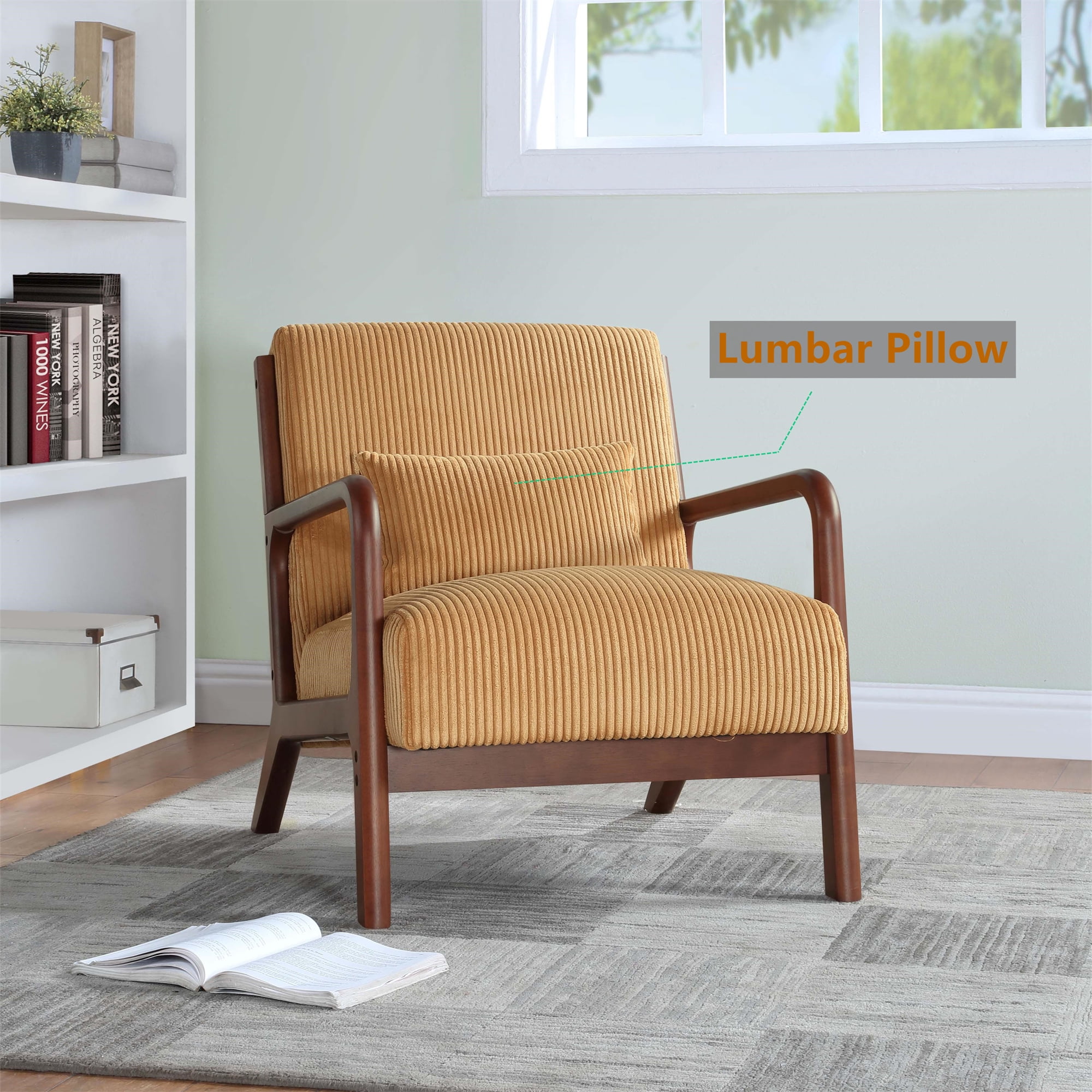 Aukfa Corduroy Mid Century Modern Accent Chair w/ Wood Frame&Pillow for Living Room, Yellew