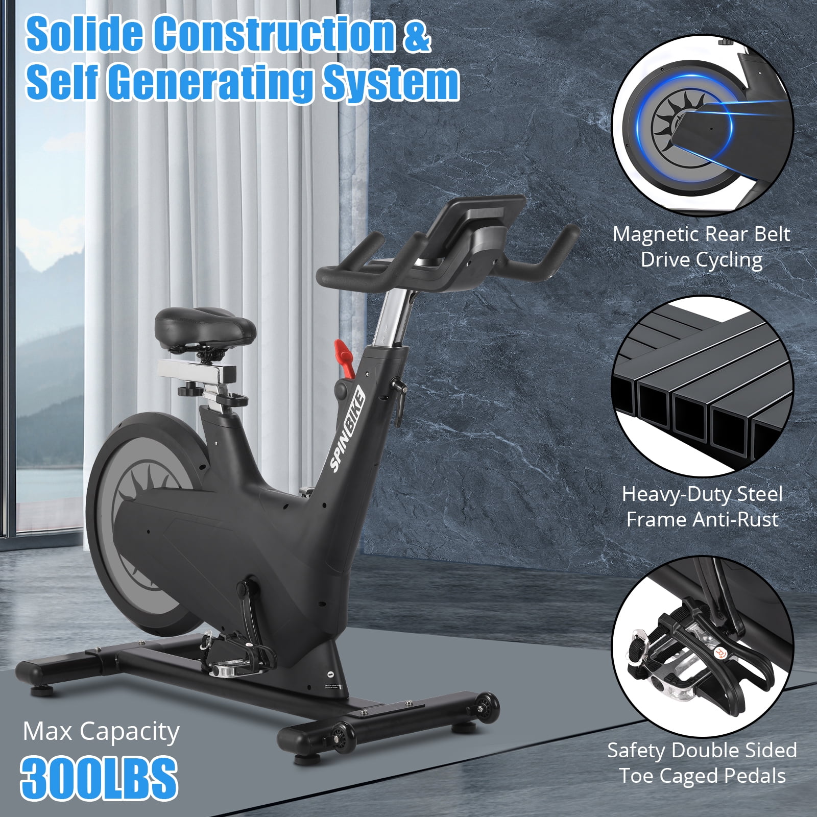 Indoor Cycling Exercise Bike with Pad Holder , Magnetic Stationary Cycling Equipment for Home, 298lbs Capacity