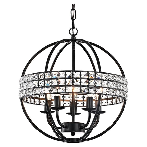 5-Light Globe Cage Chandelier Antique Black Ceiling Light with Crystal Belt for Foyer, Entryway, Dining Room, Living Room
