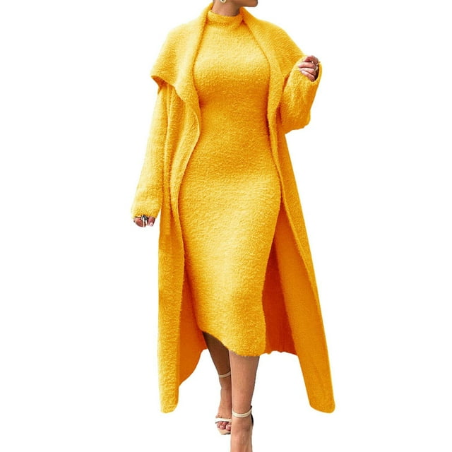 Pisexur Ensembles 2 Pcs pour Femmes, Cardigan à Col à Revers Ouvert à Manches Longues et Robe Midi Moulante Sans Manches à Col Montant pour Boîte de Nuit et Fête avec Ceinture