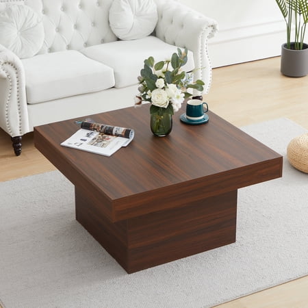 PHOYAL Modern Square Wood Coffee Table with LED Lights and Charging Station, Walnut