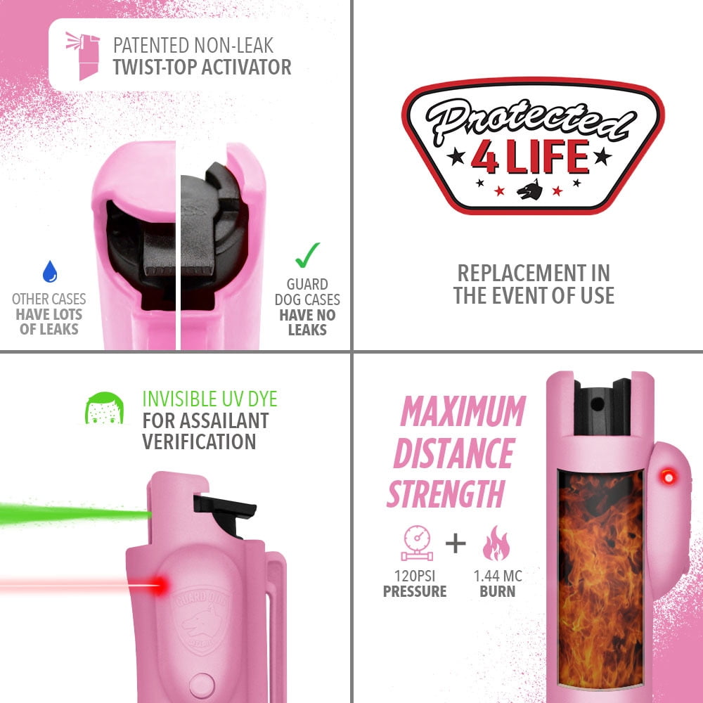 Guard Dog Security Pepper Spray with Laser Sight, 16 ft Range, 0.5 oz, Pink, Keychain, 1 Pack, New, Pocket Pepper Spray