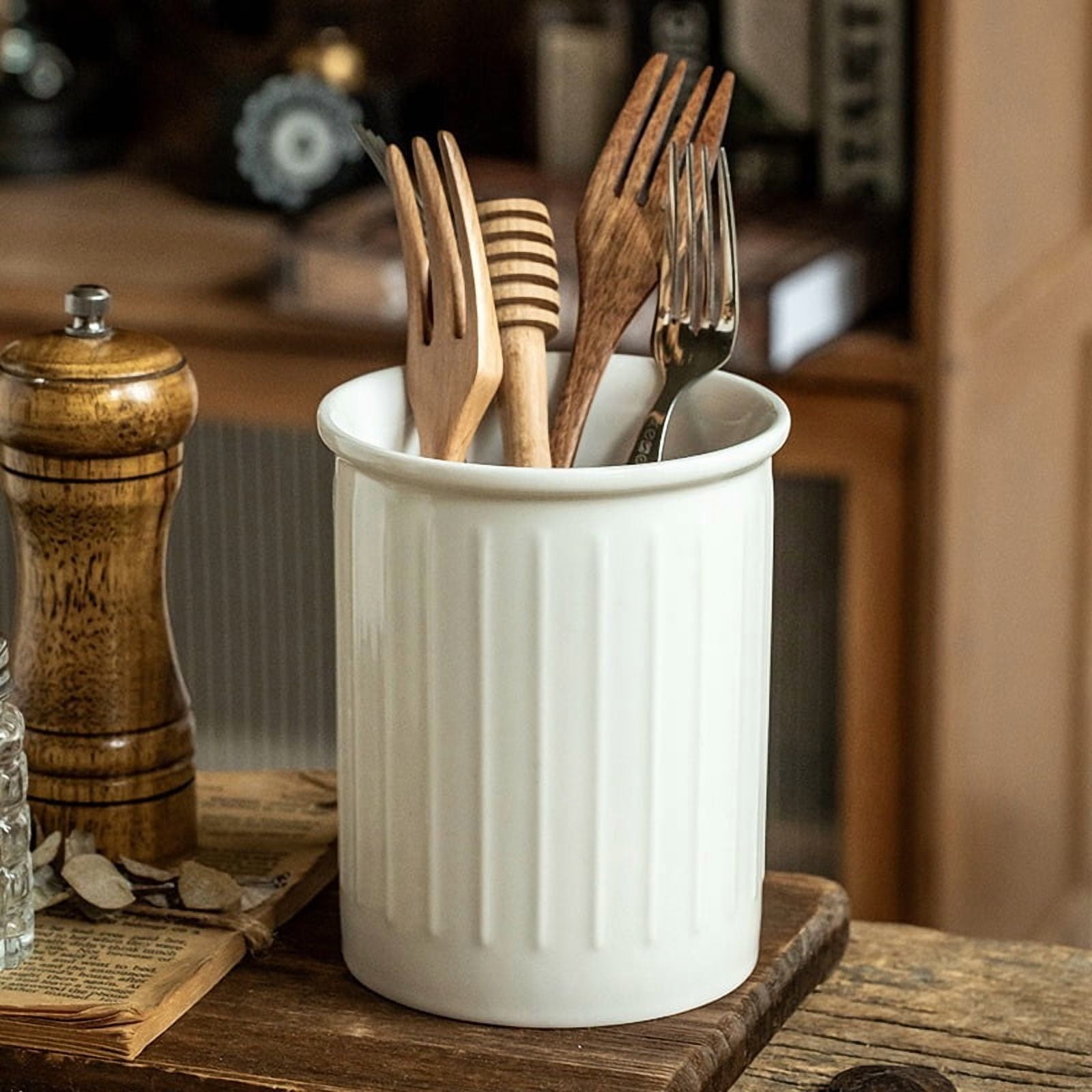 Ceramic Utensil Holder for Kitchen Counter – Large White Utensil Crock for Spoons, Forks & Cooking Tools, Modern Farmhouse Countertop Organizer