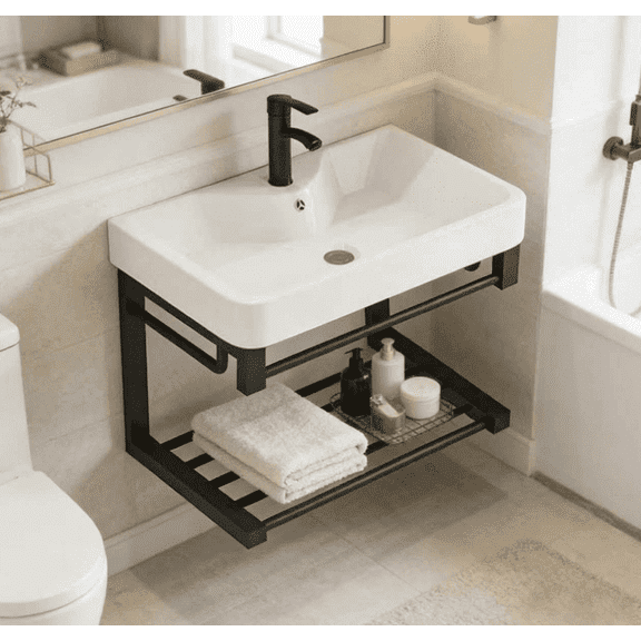 Hiliveshome 20" Wall-Mounted Bathroom Vanity with Ceramic Sink & Open Shelf, Black