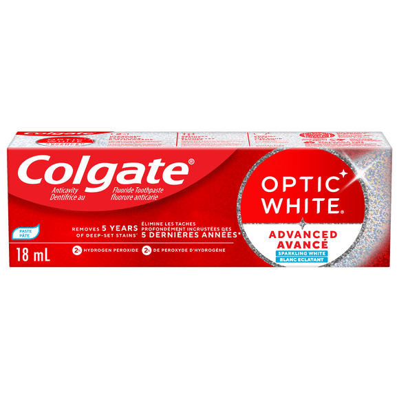 Colgate Optic White Advanced Sparkling White Toothpaste with Fluoride, Travel Size, Mint, 18mL