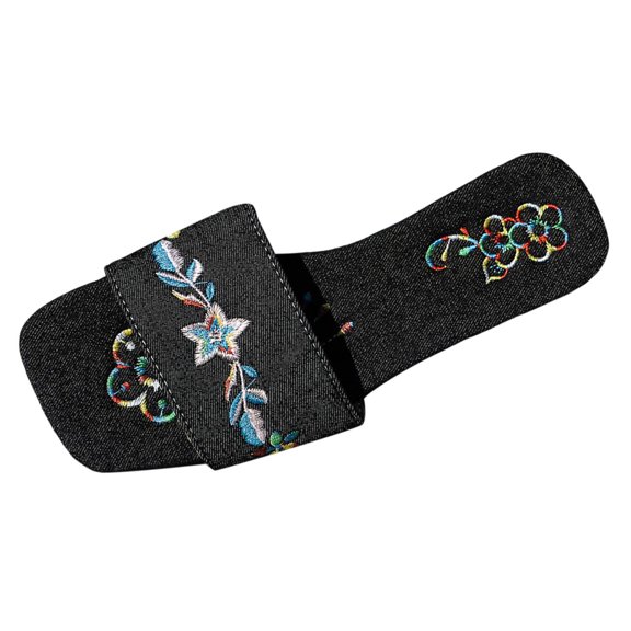 IUJSOY Womens Flat Sandals Floral Embroidered Square Open Toe Slip on Slides Fashion Summer Slippers