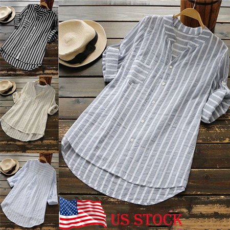Women's Striped Casual Tops Shirt Loose Fashion Blouse Clothes Plus Size