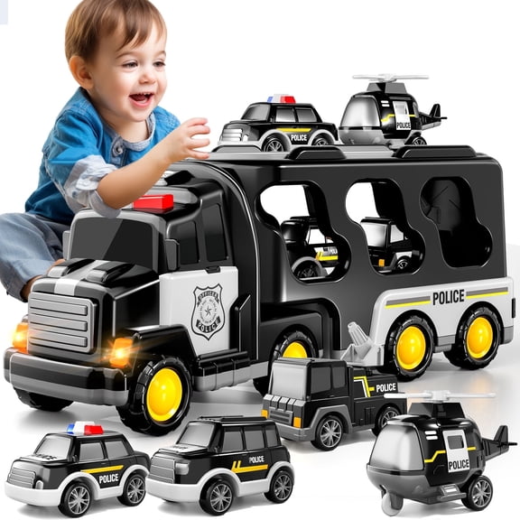 ConeWhale Police Truck Toy Vehicle 5-in-1 Friction Powered Lights and Sounds 5 Piece Set
