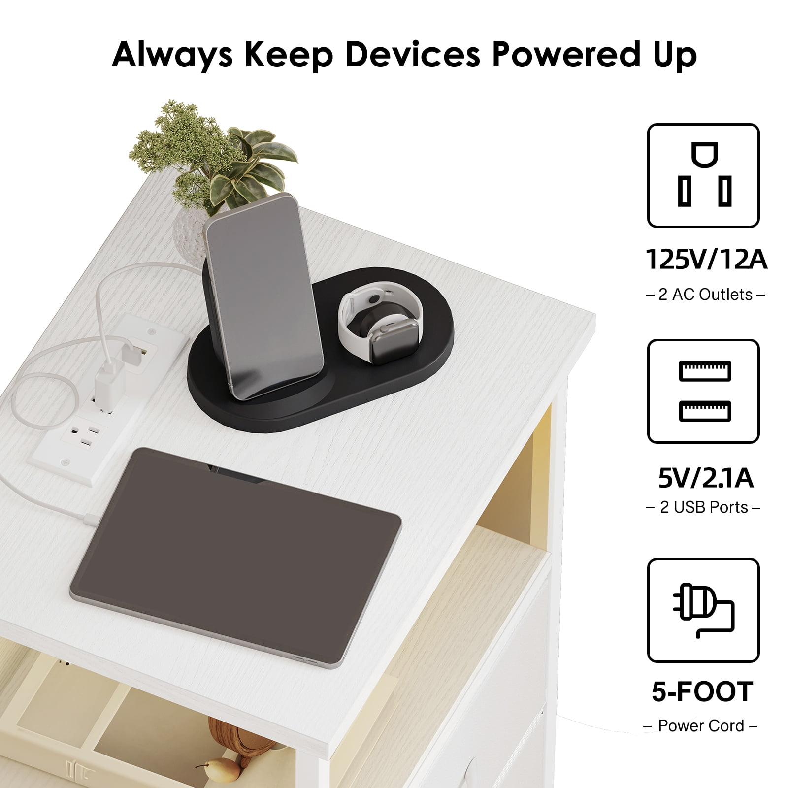 Tomnk Woo Nightstand Set of 2 Night Stand with Charging Station, LED Nightstand with Fabric Drawers, End Table with PU Finish, Bed Side Table, White