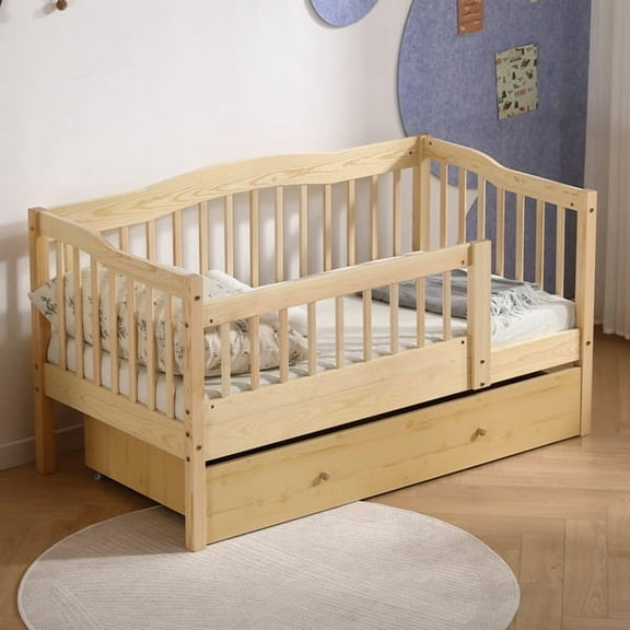 Pine Toddler Bed with Safety Side Rails & Bottom Drawer, Timeless Design for Nursery/Kid's Bedroom