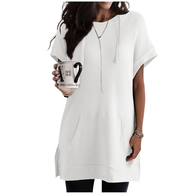 FcBaudy Hauts pour Femmes, Blouse à Manches Courtes avec Capuche Mode Décontractée pour Femmes Couleur Unie Poches Haut à Manches Courtes avec Capuche Fendu Blouses Mi-Longues pour Femmes Blouse