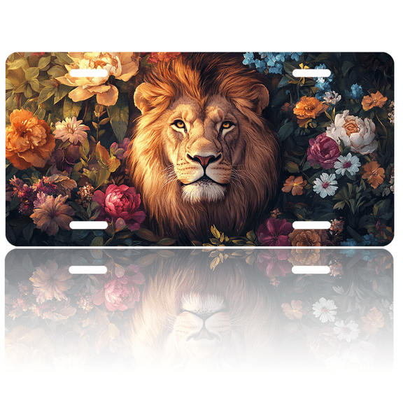 1 Pcs 2D Flat License Plate Covers & Frames, Lion among Flowers For Decorative Front, Waterproof For Decoration Aluminum License Plate Covers & Frames Cover For Men Women, 12" X 6"