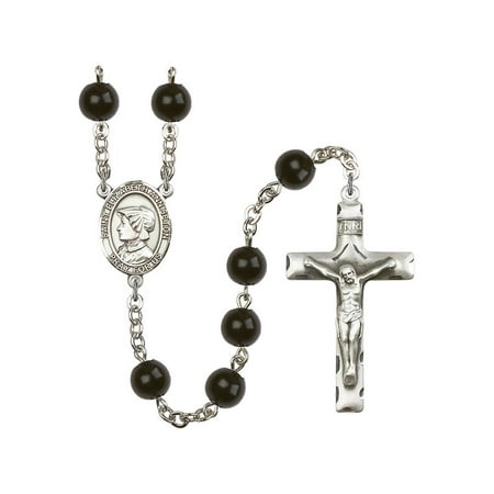 - St. Elizabeth Ann Seton Silver-Plated Rosary 7mm Black Onyx Beads Crucifix Size 1 3/4 x 1 medal charm
