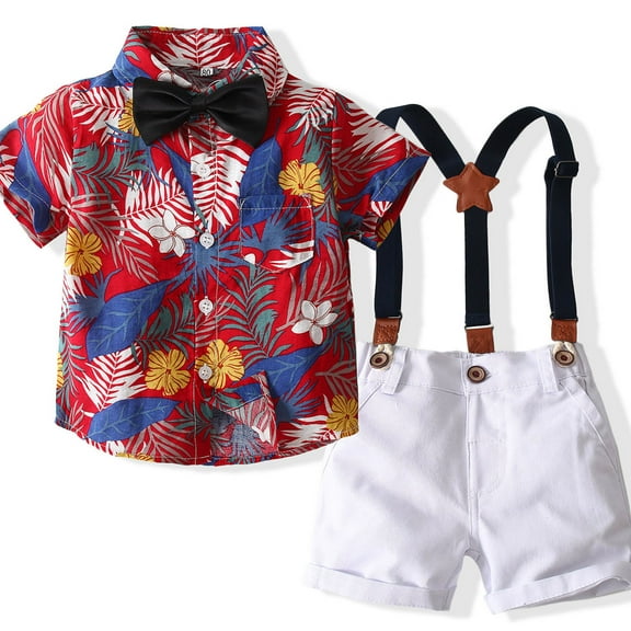 Little Gentleman Outfits for Boys Summer Wedding Collared Shirt Suspender Shorts Bowtie School Formal Short Set 4 Years, Red