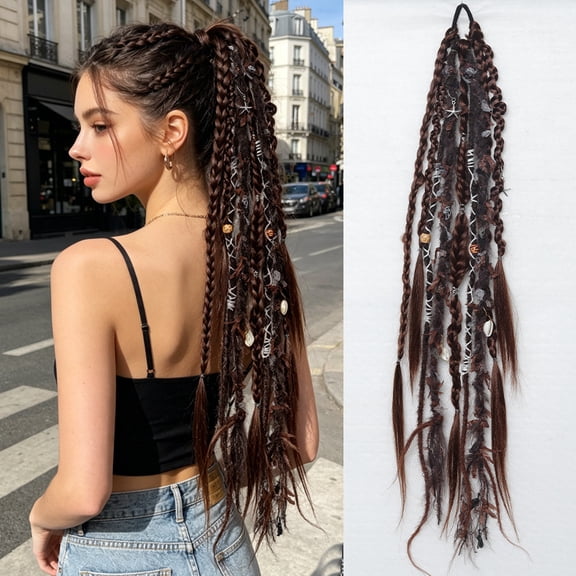 XmhyTop Long Beaded Hand-Braided Synthetic Ponytail Hairpiece 24", Nordic Style Twisted Locs Extension With Integrated Elastic Band For Women Daily Looks, Brown